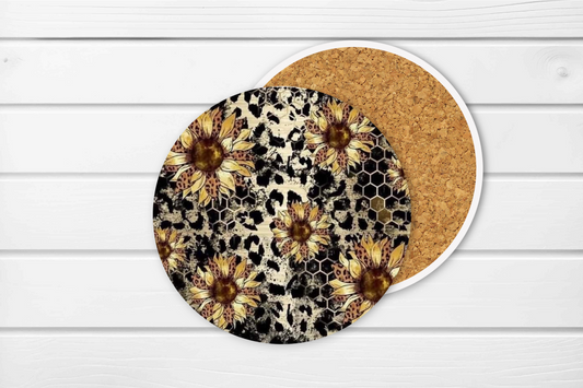 Sunflower and Leopard Print Ceramic Coaster Set of 4